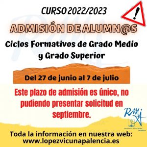INFORMACIÓN ADMISIÓN DE ALUMNADO -CURSO 2022/2023-